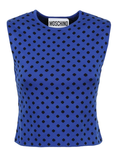 Shop Moschino Polka Dot Knitted Cotton Top In Blue