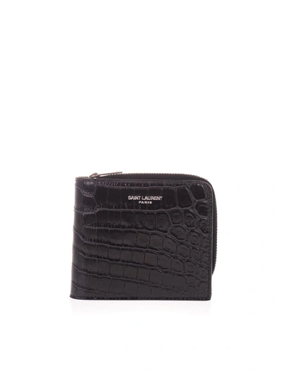 Shop Saint Laurent Small Crocodile Print Wallet In Black
