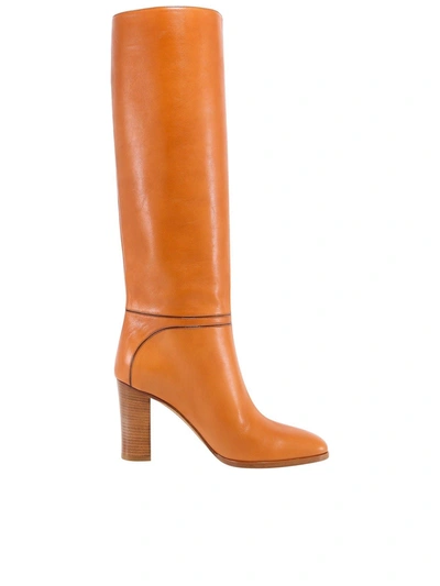 Shop Celine Claude Leather Boots In Brown