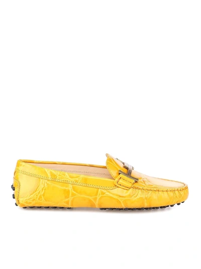 Shop Tod's Croco Printed Leather Gommino Loafers In Yellow