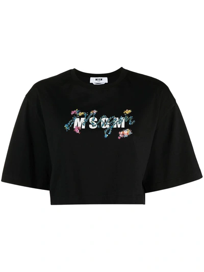 Shop Msgm Cropped Floral Logo Print T-shirt In Black