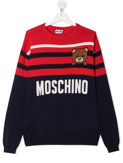 Shop Moschino Striped Logo Knit Jumper In Blue