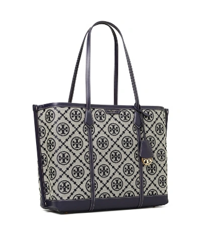 Shop Tory Burch Perry T Monogram Triple-compartment Tote In Navy Blue