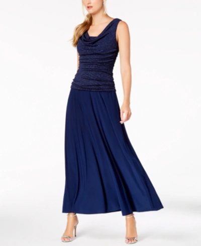 Shop R & M Richards Petite Ruched Glitter-embellished Gown In Navy