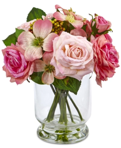 NEARLY NATURAL 10'' ROSE & BERRY ARRANGEMENT IN GLASS VASE 