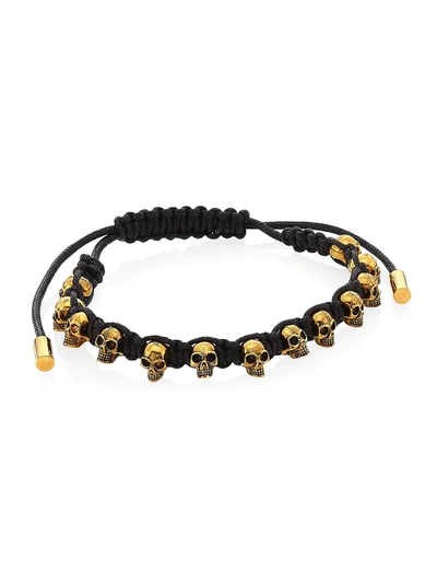 Shop Alexander Mcqueen Men's Skull Leather Corded Bracelet In Black Goldtone