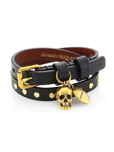 Shop Alexander Mcqueen Men's Skull Leather Wrap Bracelet In Black