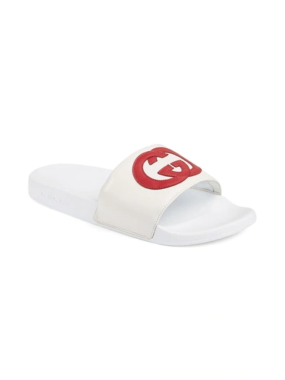 Shop Gucci Men's Pursuit Gg Logo Slide Sandals In White Red