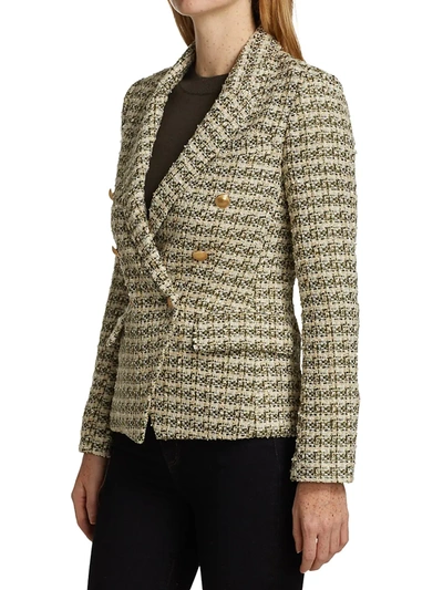 Shop L Agence Kenzie Tweed Double-breasted Blazer In Olive Tweed