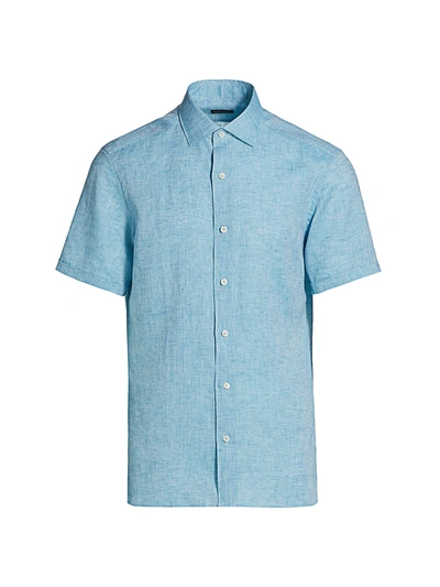 Shop Ermenegildo Zegna Short-sleeve Linen Sport Shirt In Aqua