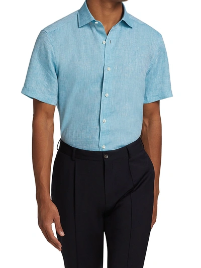 Shop Ermenegildo Zegna Short-sleeve Linen Sport Shirt In Aqua