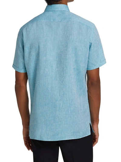 Shop Ermenegildo Zegna Short-sleeve Linen Sport Shirt In Aqua