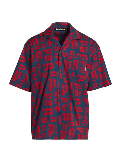 Shop Palm Angels Men's Broken Monogram Bowling Shirt In Navy Blue