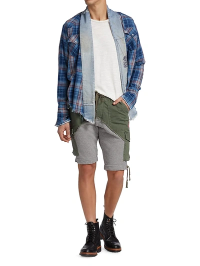 Shop Greg Lauren Men's Baker Contrast Fleece Shorts In Army Grey