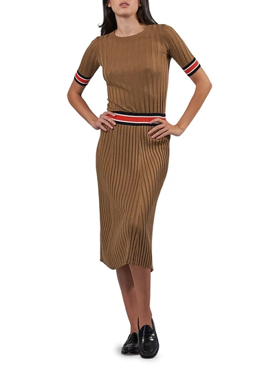 Shop Atm Anthony Thomas Melillo Stripe Waist Rib-knit Silk-cotton Midi Pencil Skirt In Sahara Combo