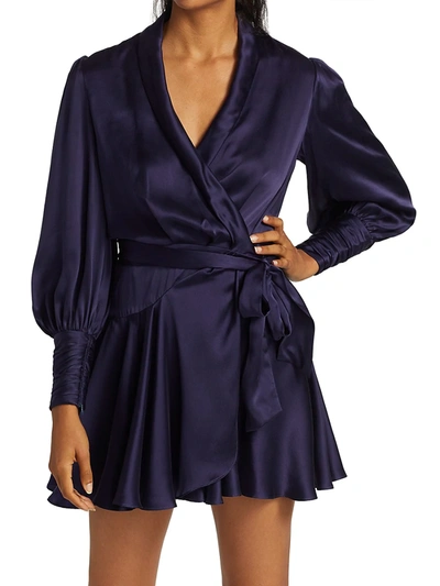 Shop Zimmermann Wild Botanica Silk Wrap Mini Dress In Indigo