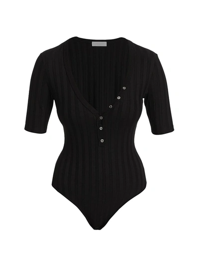 Shop Jonathan Simkhai Standard Connie Compact Rib-knit Short-sleeve Henley Bodysuit In Black