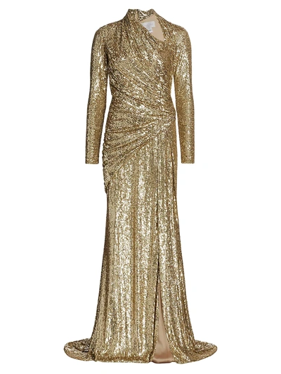 Shop Pamella Roland Asymmetrical Draped Sequin Gown In Gold