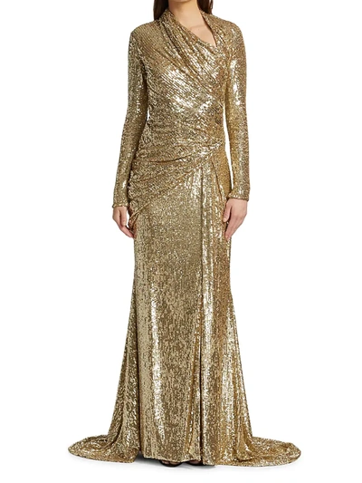 Shop Pamella Roland Asymmetrical Draped Sequin Gown In Gold