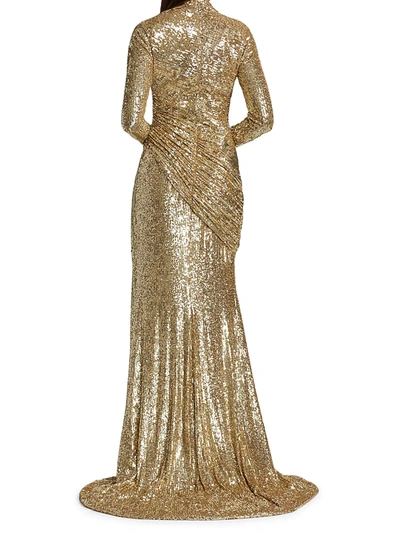 Shop Pamella Roland Asymmetrical Draped Sequin Gown In Gold