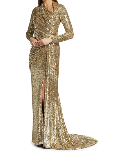 Shop Pamella Roland Asymmetrical Draped Sequin Gown In Gold