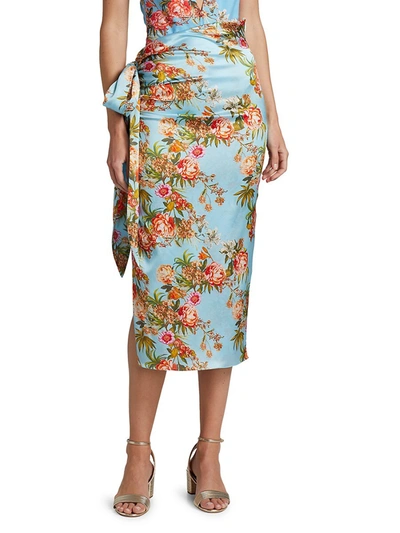 Shop Adriana Iglesias Brun Floral Stretch-silk Skirt In Pool Blue