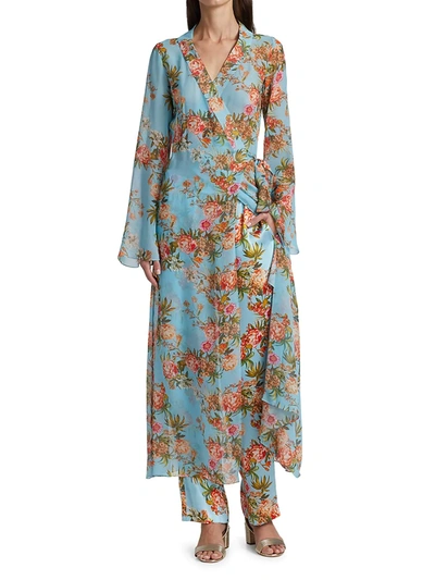 Shop Adriana Iglesias Alessandra Floral Silk Wrap Robe In Pool Blue