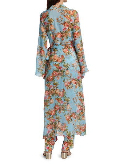 Shop Adriana Iglesias Alessandra Floral Silk Wrap Robe In Pool Blue