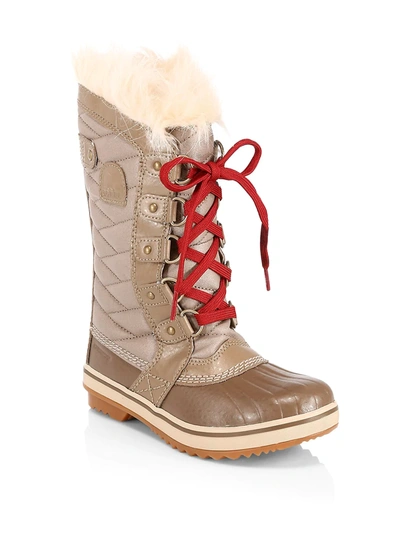 Shop Sorel Girl's Tofino Ii Faux Fur-cuff Quilted Snow Boots In Khaki