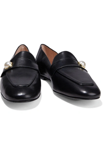 Shop Stuart Weitzman Payson Faux Pearl-embellished Leather Loafers In Black