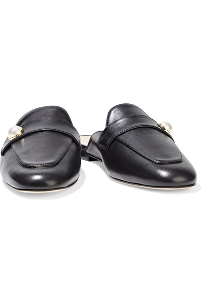 Shop Stuart Weitzman Payson Faux Pearl-embellished Leather Slippers In Black