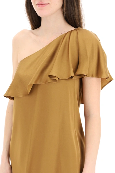Shop Saint Laurent One Shoulder Mini Dress In Brown,gold