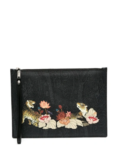 Shop Etro Leopard Paisley Print Clutch Bag In Black