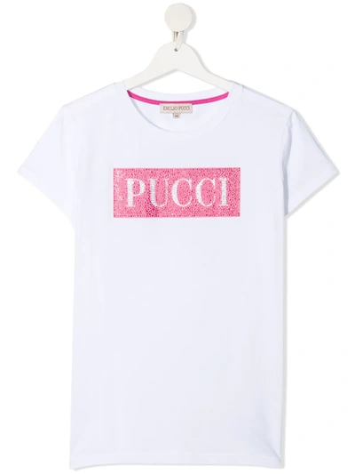Shop Emilio Pucci Junior Teen Rhinestone Logo-print T-shirt In White