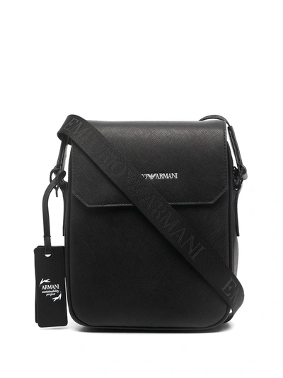 Shop Emporio Armani Saffiano-effect Engraved-logo Messenger Bag In Black