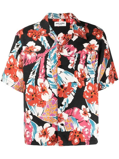 Shop Saint Laurent Floral-print Short-sleeve Shirt In Black