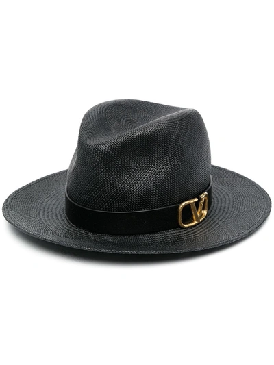 Shop Valentino Vlogo Fedora Straw Hat In Black