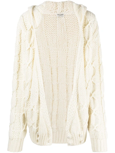 Shop Saint Laurent Cable-knit Hooded Cardigan In Neutrals