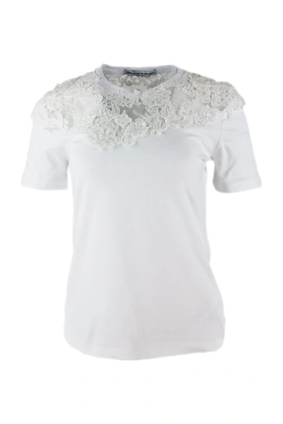 Shop Ermanno Scervino Short Sleeve Crew Neck T-shirt With Lace Inserts In White
