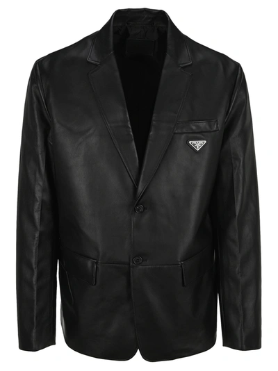 Shop Prada Leather Single Breasted Jecket In Black