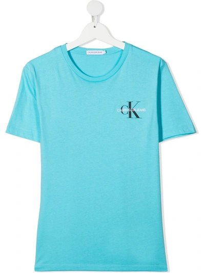 Shop Calvin Klein Teen Logo-print Organic Cotton T-shirt In Blue