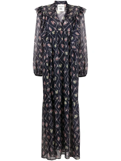 Shop Semicouture Floral-print Long-sleeved Maxi Dress In Blue