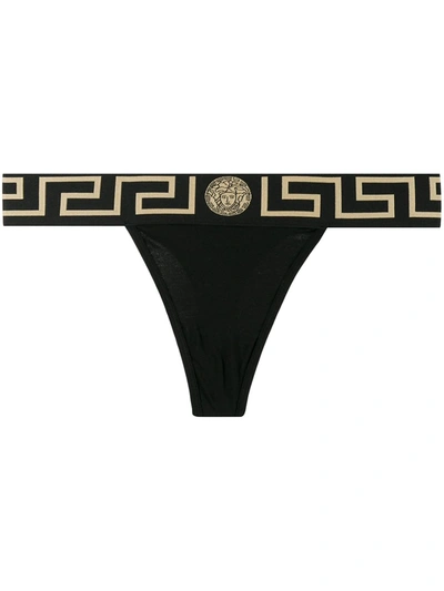 Shop Versace Medusa Greek Key Thong In Black