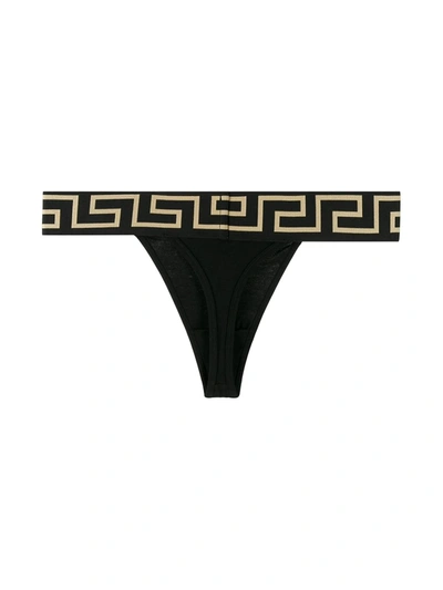 Versace Greca Jacquard-trimmed Stretch-cotton Jersey Thong In Black