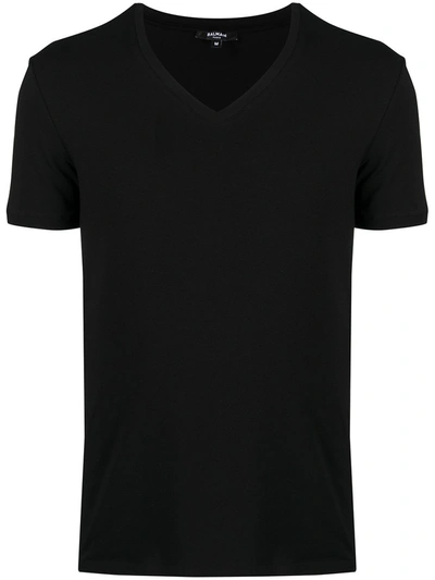 Shop Balmain Logo-print V-neck T-shirt In Black