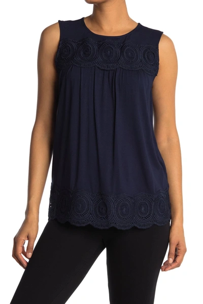 Shop Adrianna Papell Sleeveless Knit Crochet Top In Navy