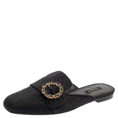 Pre-owned Dolce & Gabbana Dolce And Gabbana Black Brocade Jackie Crystal Embellished Flat Mules Size 39