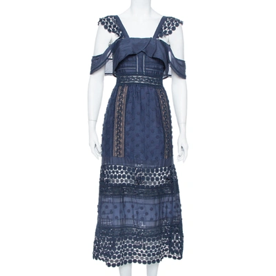Pre-owned Self-portrait Navy Blue Lace Paneled Bluebell Midi Dress M