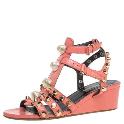 Pre-owned Balenciaga Pink Leather Arena Studded Gladiator Wedge Sandals Size 37