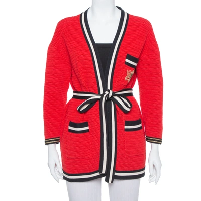 Pre-owned Gucci Red Knit Contrast Trim Detail Open Front Belted Cardigan S